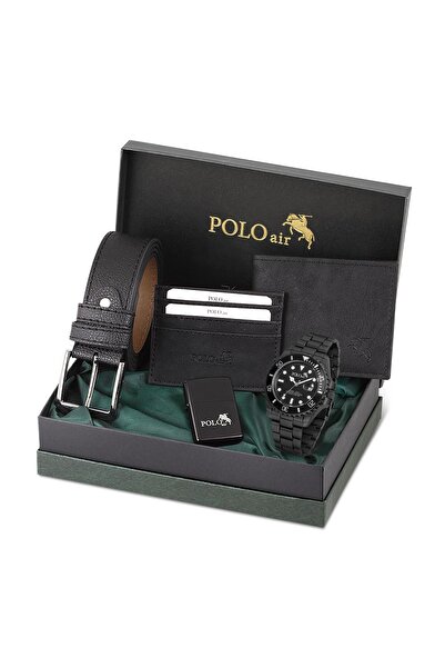Polo Air Mercek Takvim Erkek Kol Saati Cüzdan Kemer Kartlık Çakmak Kombin Siy...