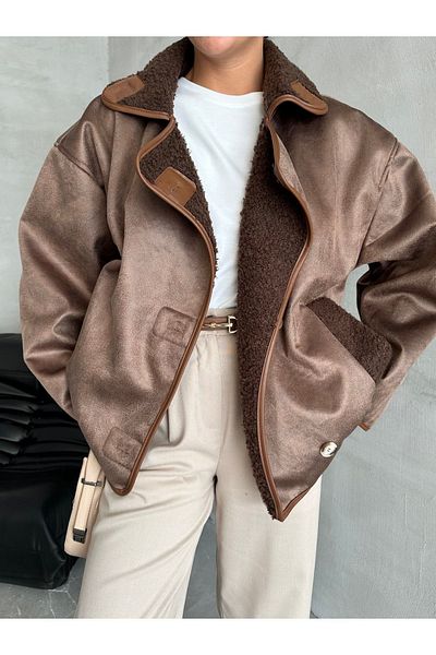 Laluvia Braune Premium-Lederjacke – lockiges Modell 54466
