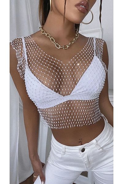 Âlâ Atelier Trend Shiny Crystal Stone Mesh V-Neck Bustier Crop Blouse