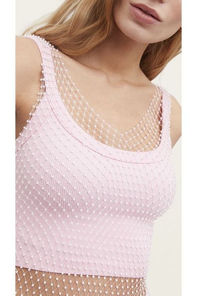 Âlâ Atelier Trend Shiny Crystal Stone Mesh V-Neck Bustier Crop Blouse