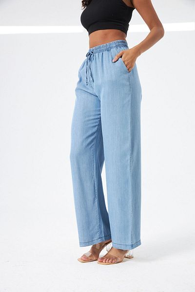 MİA NOURA Pantaloni din denim cu picioare late, cu talie elastică și șireturi