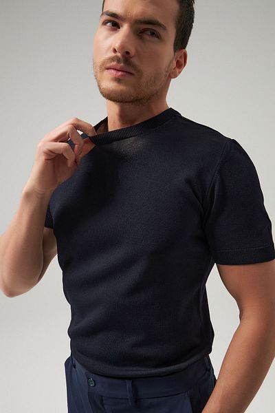 Twn Tričko Slim Fit Navy Blue Plain Knit Rayon Knited