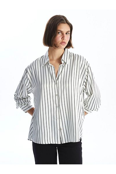 LC Waikiki Γυναικείο πουκάμισο LCW ριγέ μακρυμάνικο oversize σατέν