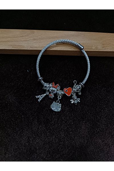 DNA Takı Stainless Steel Red Color Heart and Cat Bracelet - Eiffel Tower Charm
