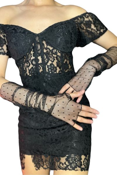Parlajent Black Tule Lace Gloves Graduation Wedding Wedding