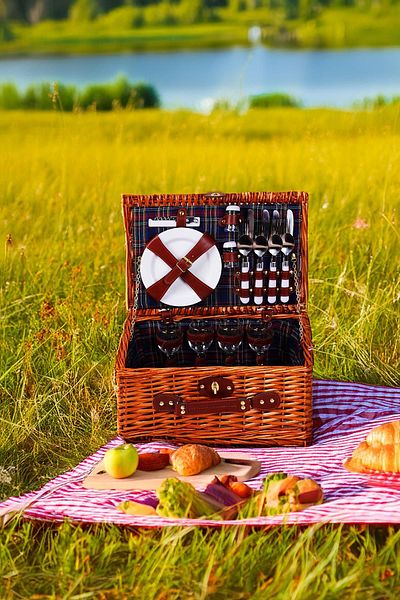 Perotti Picno Italy - 4-Person Wicker Plaid Pattern and Portable Picnic Basket