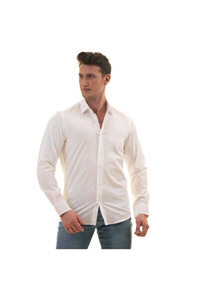 Exve Exclusive Cămașă pentru bărbați, alb, uni, uni, de culoare solidă, din bumbac, respirabil