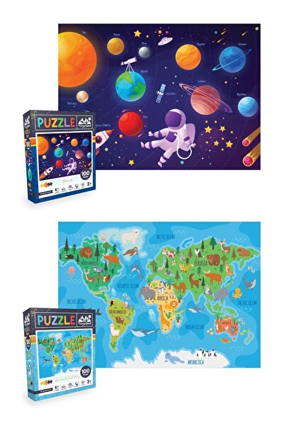 Neverland 2'li Çocuk Yapboz - 100 Parça Gezegenler Ve 100 Parça Hayvan Dünya Haritası