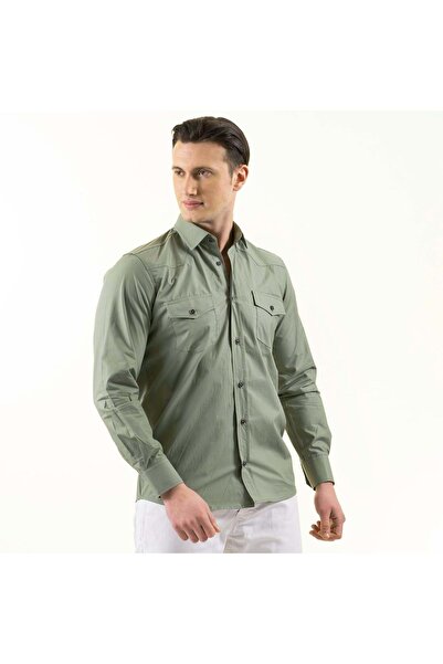 Exve Exclusive Water Green Single Color Pastel Cotton Double Pocket Cover Slim Fit Western Shirt