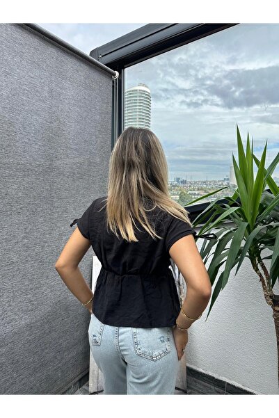 Kübra Tekstil Μαύρη μπλούζα με γιακά με δέσιμο στον ώμο Kt02091