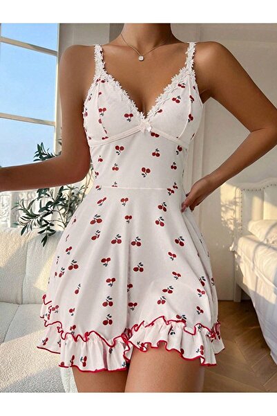BELLA NOTTE Romantik Beyaz Kiraz Baskılı Askılı Tanga Ve Gecelik