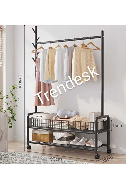 TRENDESK Metal Beyaz 2 Raflı Raflı Konfeksiyon Askılığı Ayaklı Elbise Askılığı 176cm