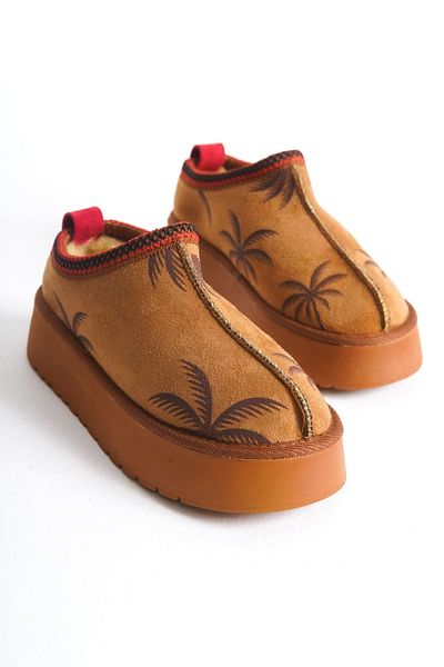 TRENDELLA Tan printed γυναικείο μποτάκι - Χειμώνας, χοντρή σόλα και εσωτερική γούνα