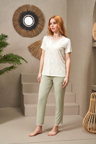 PJS 25106 Set de pijamale cu mânecă scurtă, cu decolteu în V, cu dantelă