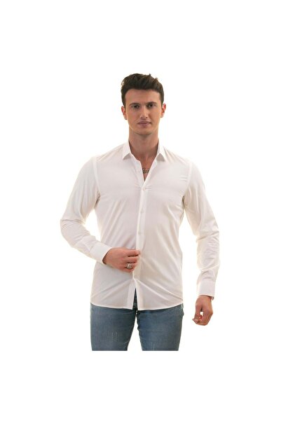 Exve Exclusive Cămașă pentru bărbați, alb, uni, uni, de culoare solidă, din bumbac, respirabil