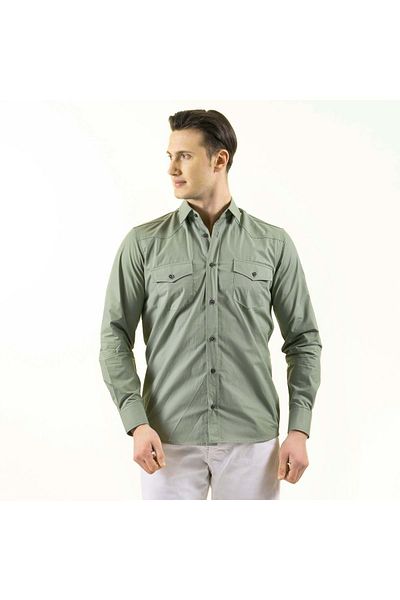 Exve Exclusive Water Green Single Color Pastel Cotton Double Pocket Cover Slim Fit Western Shirt