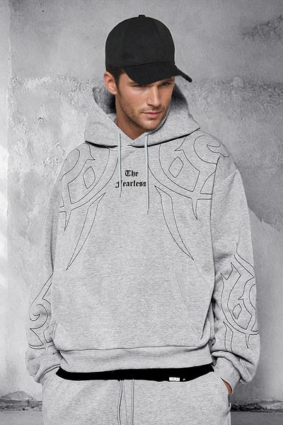 Millionaire Ανδρικό γκρι The Fearless 3 Thread Oversize Hooded Loose Hoodie φούτερ - Kangaroo Pocket