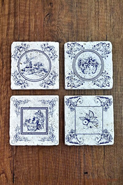 Begoloni Stone Decor مجموعة من 4 قواعد أكواب من الحجر الطبيعي منقوشة باللون ا...