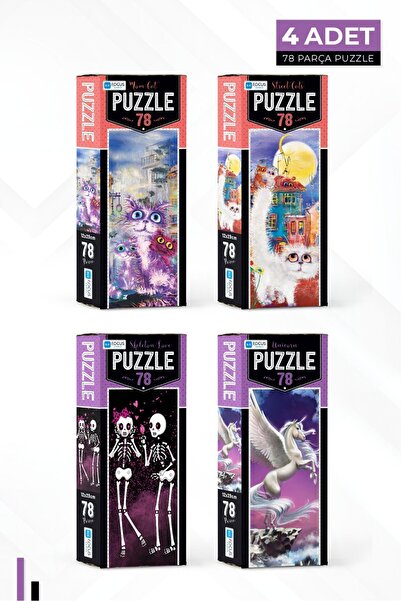 Blue Focus 4 ADET 78 PARÇA PUZZLE - MOM CAT ve  STREET CATS ve SKELETON LOVE ve UNICORN