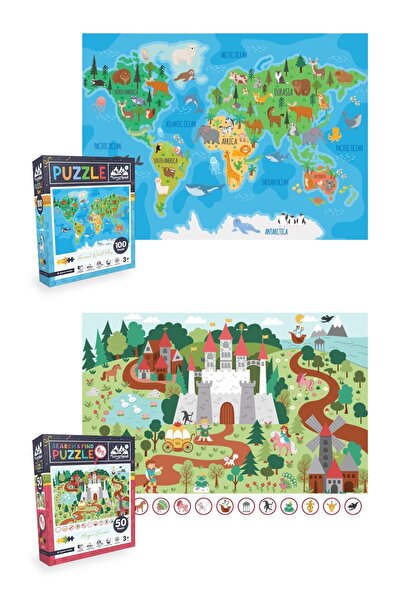 Neverland 2'li Çocuk Yapboz - 100 Parça Hayvan Dünya Haritası Ve 50 Parça Sihirli Tek Boynuzlu At