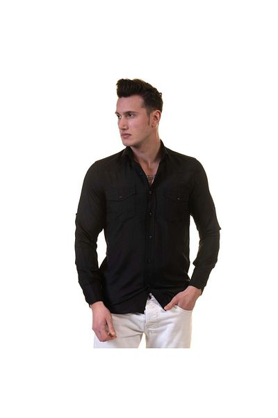 Exve Exclusive Μαύρο μονόχρωμο βαμβακερό πουκάμισο Lycra με διπλή τσέπη Slim Fit Western