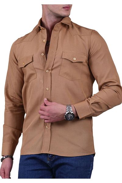Exve Exclusive Mustard Yellow Flared Woven Solid Color Slim Fit Western Shirt with Double Pocket Flaps