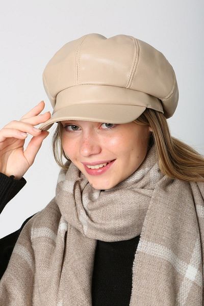 Luminos Butik Beige Leather Hat - Eight Piece Design with Button Detail and Visor Spk1131