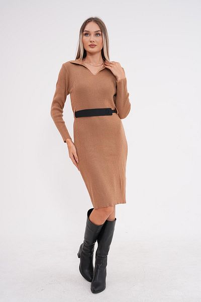 ŞİMAL Knitwear Belt Detailed Collared Women's Dress - 245149