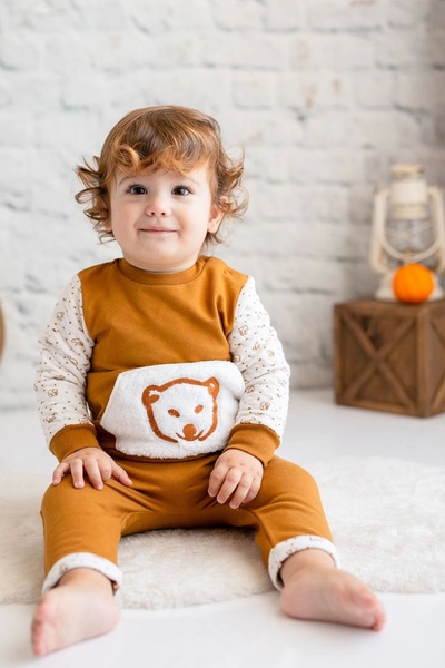 Erkek Bebek Tarçın Ayıcık Peluş Cepli İkili Takım (6ay-4yaş)