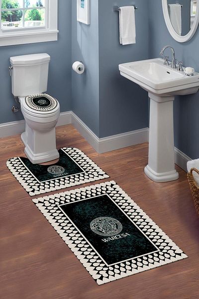Doruklar Home Collection Σετ μπάνιου με διακοσμητικό σχέδιο 3 τεμαχίων με αντιολισθητικό σημείο που πλένεται
