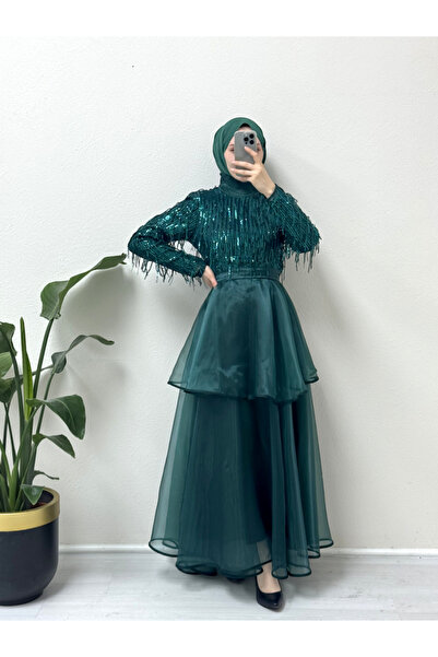 HİJABAYA Βραδινό φόρεμα από τούλι με παγιέτες - Ελαστική λαιμόκοψη και ζώνη