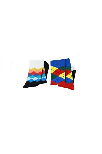 FOURSOLOS Set of 4 Unisex Socks - Yellow, Red Plaid, Blue and Colorful Square...