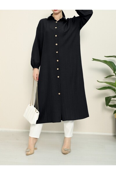 HİJABAYA Long Crinkle Tunic - Neck Button and Elastic Sleeve