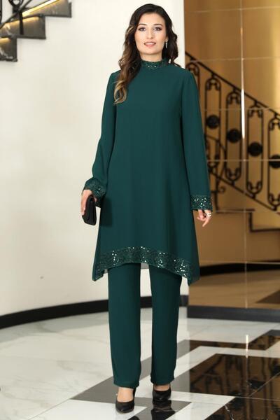 Modaviki Umay Şifon Tunik Pantolon Takım Zümrüt ELB68