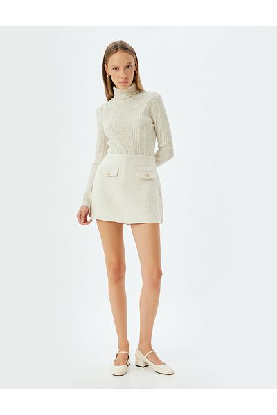 Koton Tweed Mini Shorts Skirt - A-Line Slim Fit with Pocket Detail and Buttons
