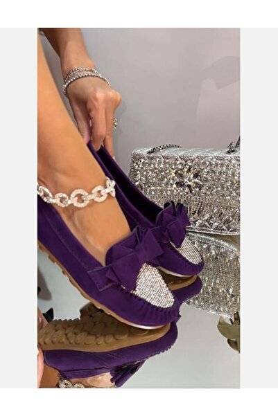 Giydim Gidiyor Zaza Kristal Taşlı Süet Babet Mor