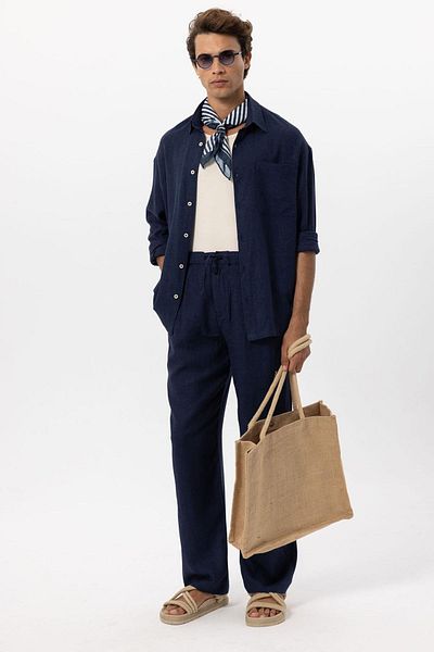 Antioch Navy Blue Waist Tied Linen Blended Baggy Men's Trousers