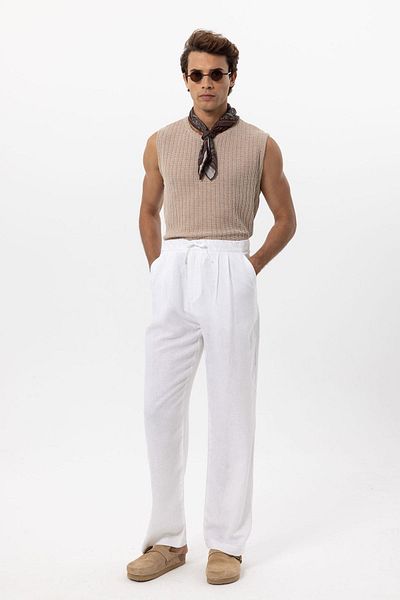 Antioch White Waist Tied Linen Blended Baggy Men's Trousers