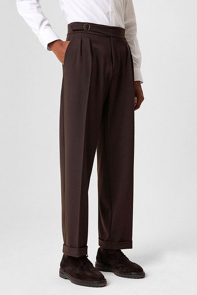 Antioch Brown Buckle Detailed Pleated High Waist Men's Trousers