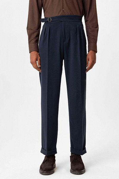 Antioch Dark Navy Blue Buckle Detailed Pleated High Waist Men's Trousers