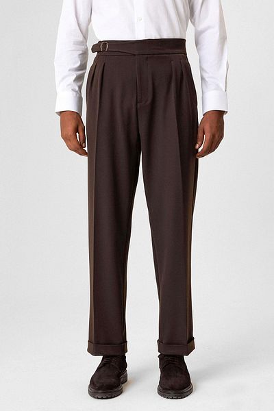 Antioch Brown Buckle Detailed Pleated High Waist Men's Trousers