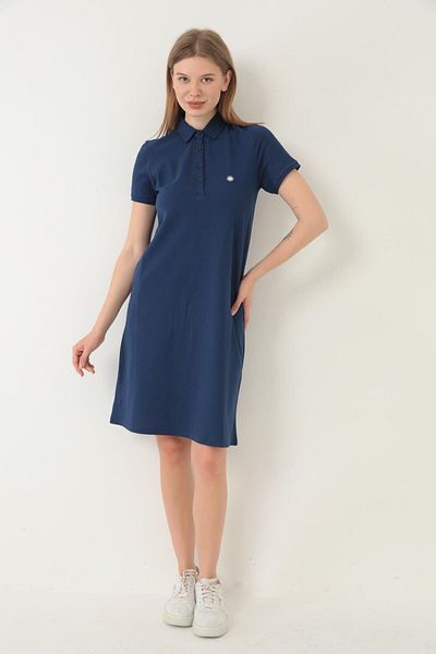 Miron Rochie tricotată cu guler polo indigo pentru femei - cu mâneci scurte - 2431