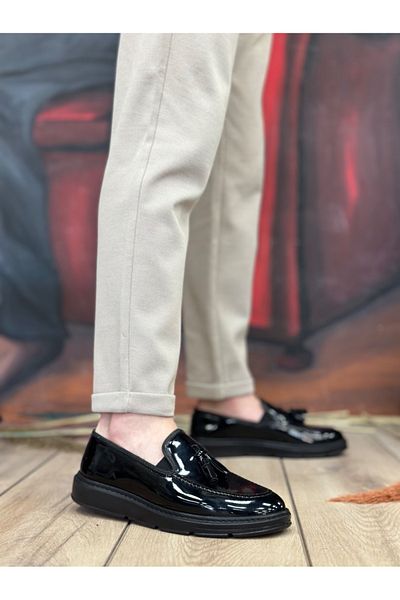 BOA Ba0005 Laceless High Sole Black Patent Leather Classic Tasseled Corcik Men's Shoes