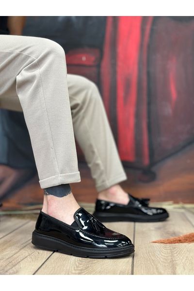 BOA Ba0005 Laceless High Sole Black Patent Leather Classic Tasseled Corcik Men's Shoes