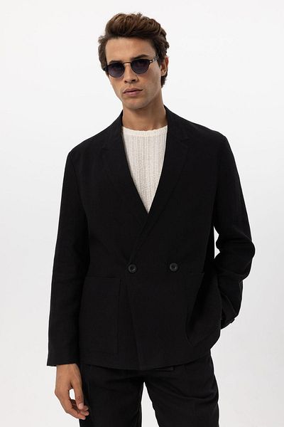 Antioch Black Linen Blended Double Breasted Buttoned Men's Blazer Jacket