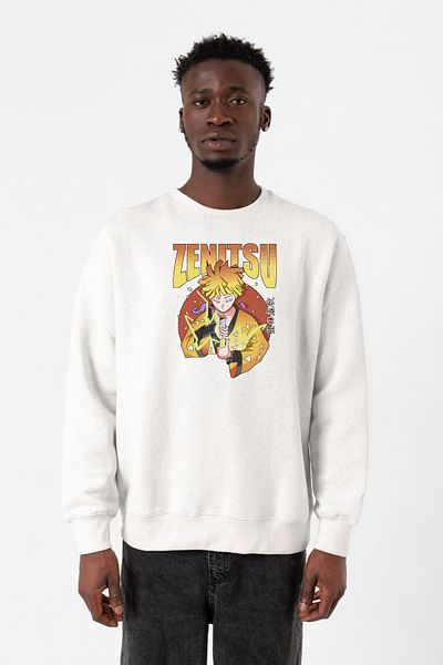 Tshirthane Demon Slayer Anime Zenitsu Poster Hanorac alb pentru bărbați cu 2 fire