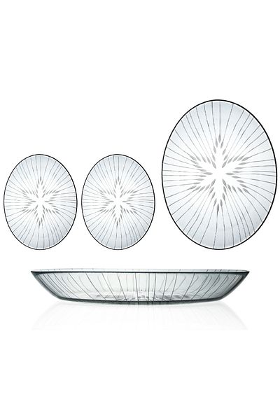 DECOCIA Set of 3 Oval Glass Salad Serving Plates with Vega Pattern