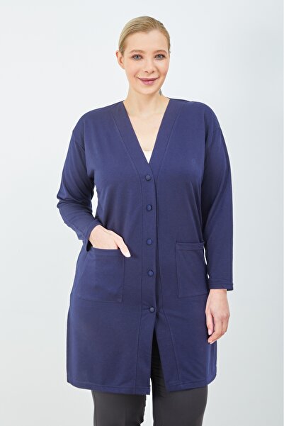 Elçelya Moda Cardigan lung din bumbac pieptănat pentru mamă, cu buzunar cu na...