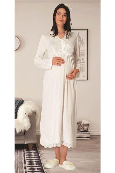 Mecit Pijama Carpediem L.rطقم ثوب نوم للحوامل Ecru 1518 مع ثوب صباحي