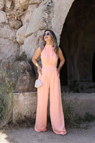bytugcekaya Satin Halter Collar Sleeveless Peach Jumpsuit